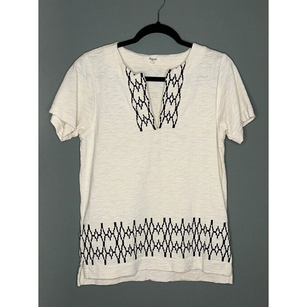 Madewell Women's Small Boxstitch Embroidered Cream Black Oatmeal Tunic Cotton To